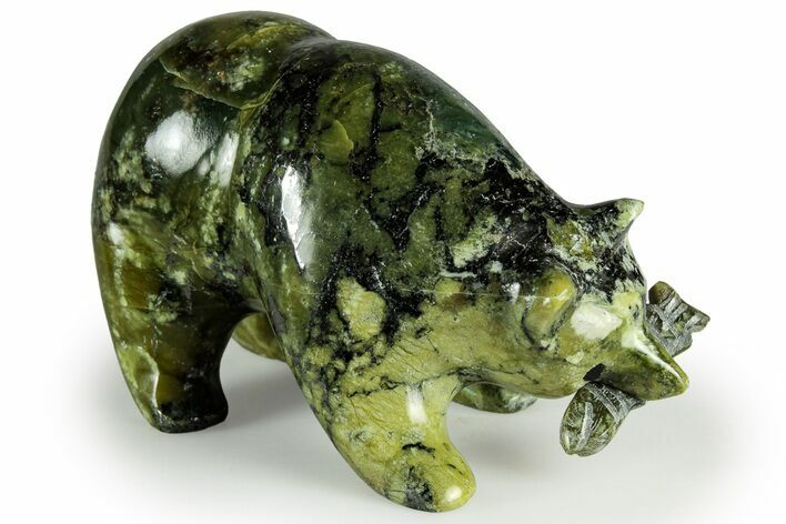 Realistic, Polished Serpentine Stone Bear with Fish - Peru #326794